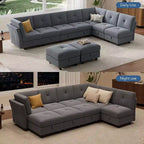 Divano componibile a U in velluto blu, a 9 posti con pouf