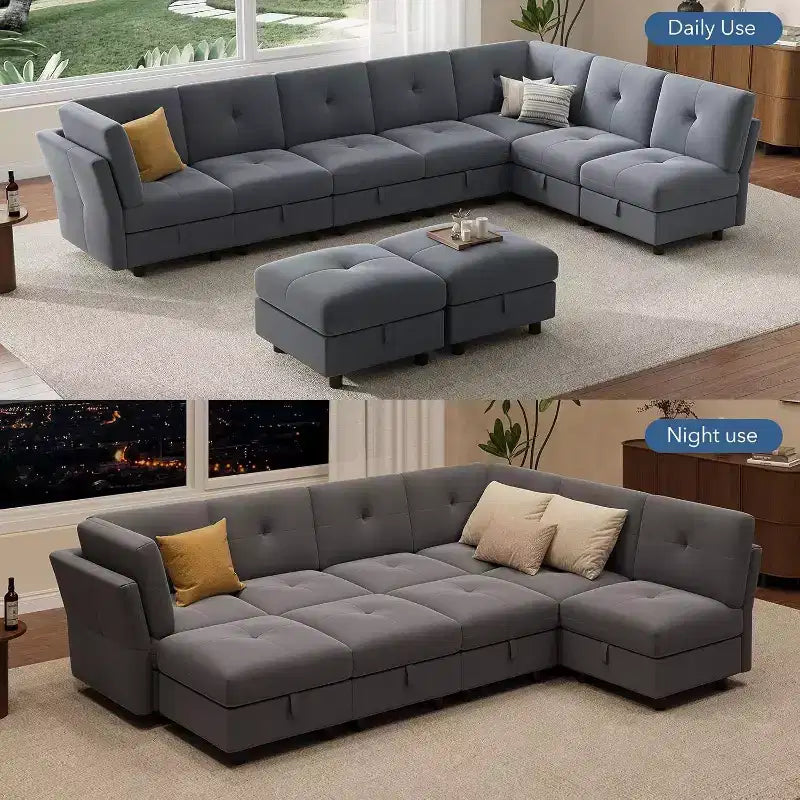 Divano componibile a U in velluto blu, a 9 posti con pouf