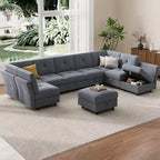 Divano componibile a U in velluto blu, a 9 posti con pouf