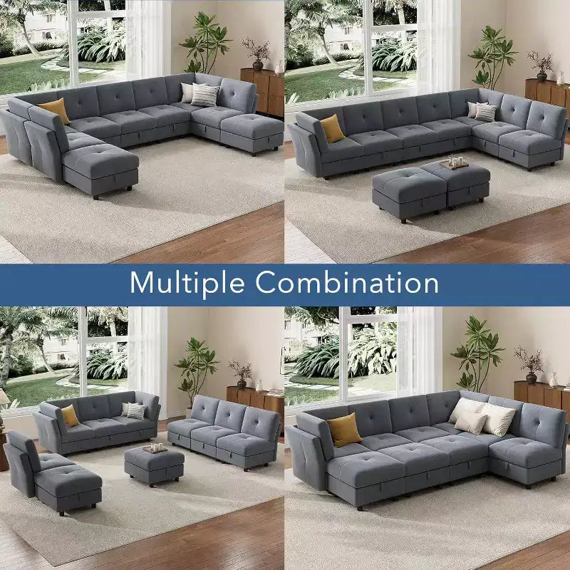 Divano componibile a U in velluto blu, a 9 posti con pouf