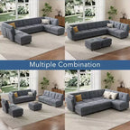 Divano componibile a U in velluto blu, a 9 posti con pouf