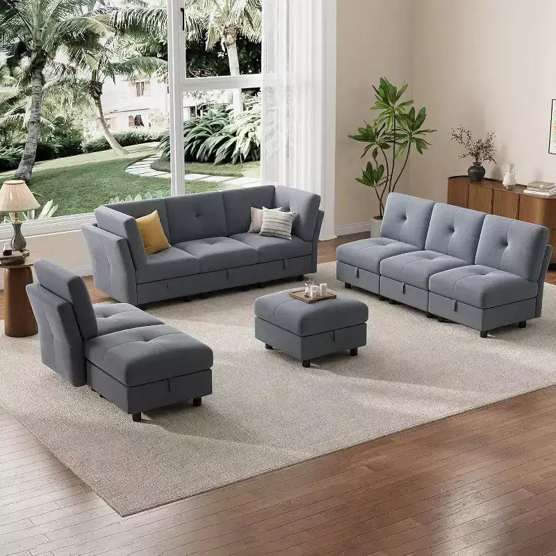 Divano componibile a U in velluto blu, a 9 posti con pouf