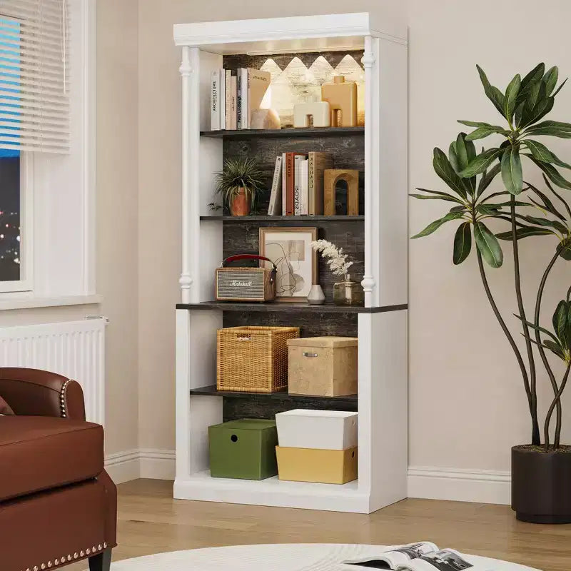 Libreria a 5 ripiani bianca e grigio scuro con illuminazione a LED, stile colonna romana, per 1 persona