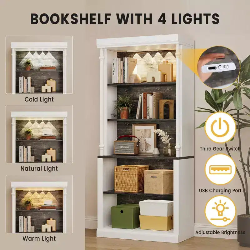 Libreria a 5 ripiani bianca e grigio scuro con illuminazione a LED, stile colonna romana, per 1 persona