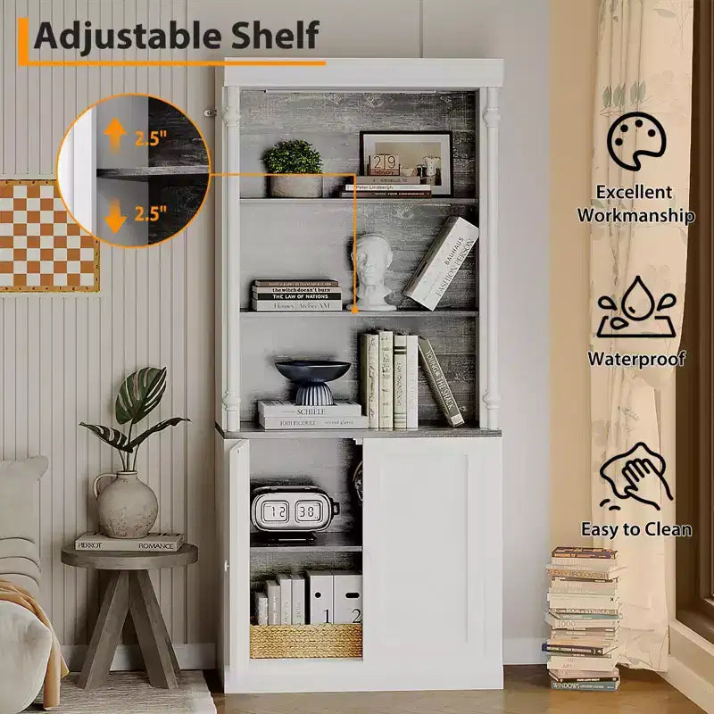 Libreria a 5 ripiani bianca e grigio scuro con illuminazione a LED, stile colonna romana, per 1 persona