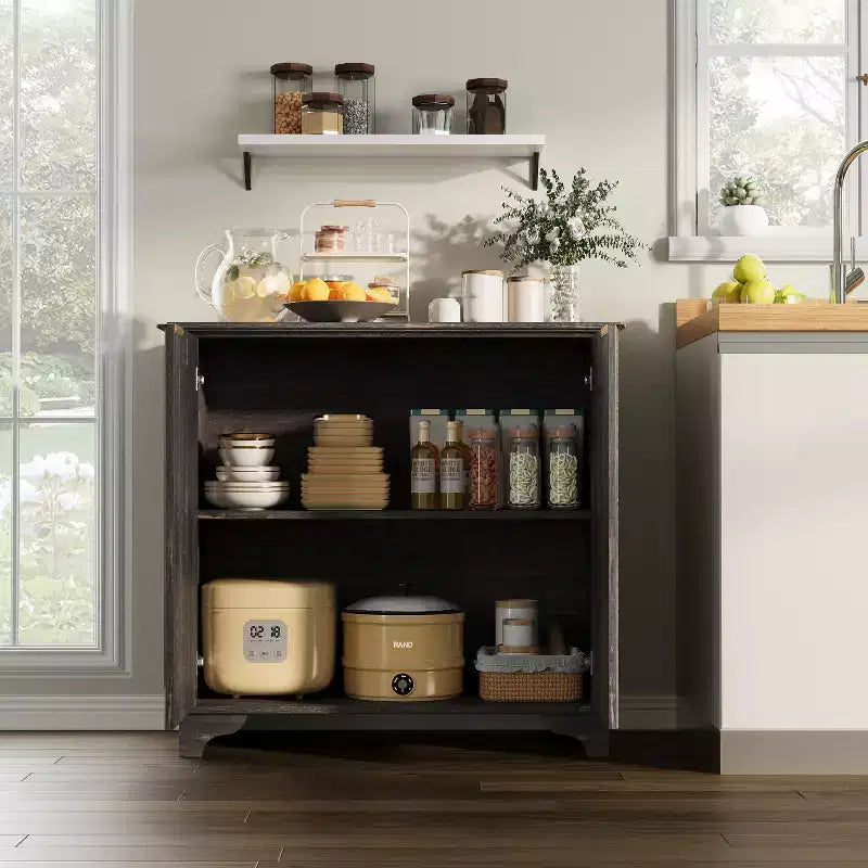 Mobile credenza con 2 ante, a listelli neri / rovere / bianchi – Montaggio da parte di un singolo utente