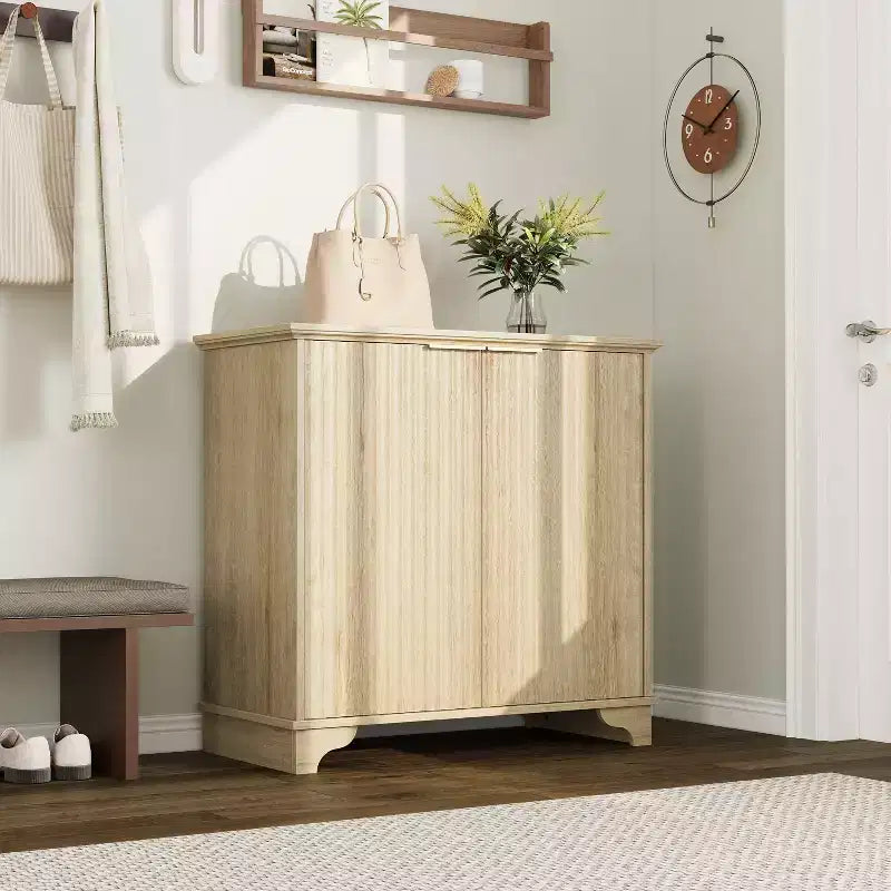 Mobile credenza con 2 ante, a listelli neri / rovere / bianchi – Montaggio da parte di un singolo utente