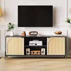 Mobile TV in Rattan Quercia Nera con 2 Armadietti e 2 Ripiani Aperti – Adatto per TV fino a 75"