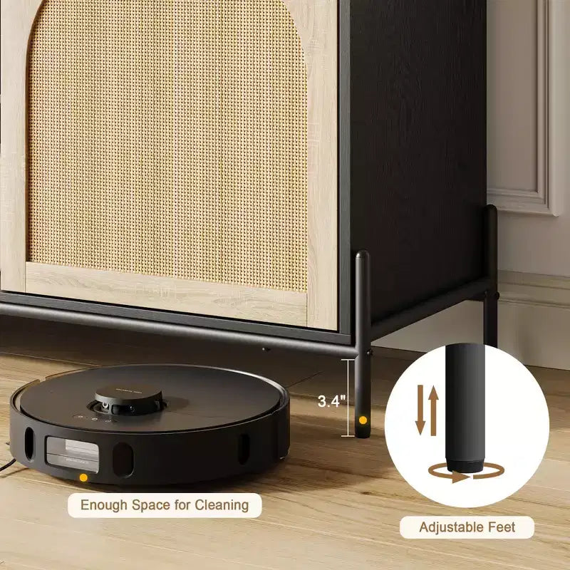Mobile TV in Rattan Quercia Nera con 2 Armadietti e 2 Ripiani Aperti – Adatto per TV fino a 75"