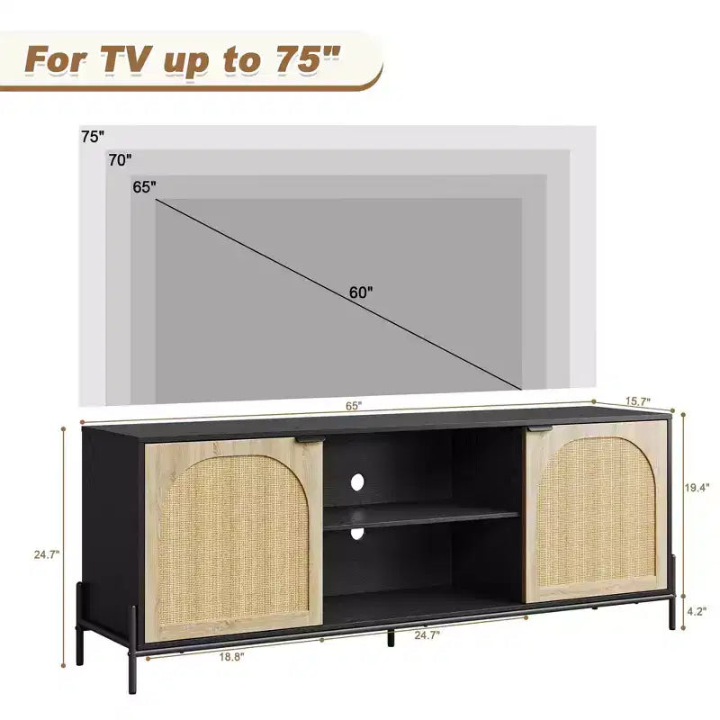 Mobile TV in Rattan Quercia Nera con 2 Armadietti e 2 Ripiani Aperti – Adatto per TV fino a 75"