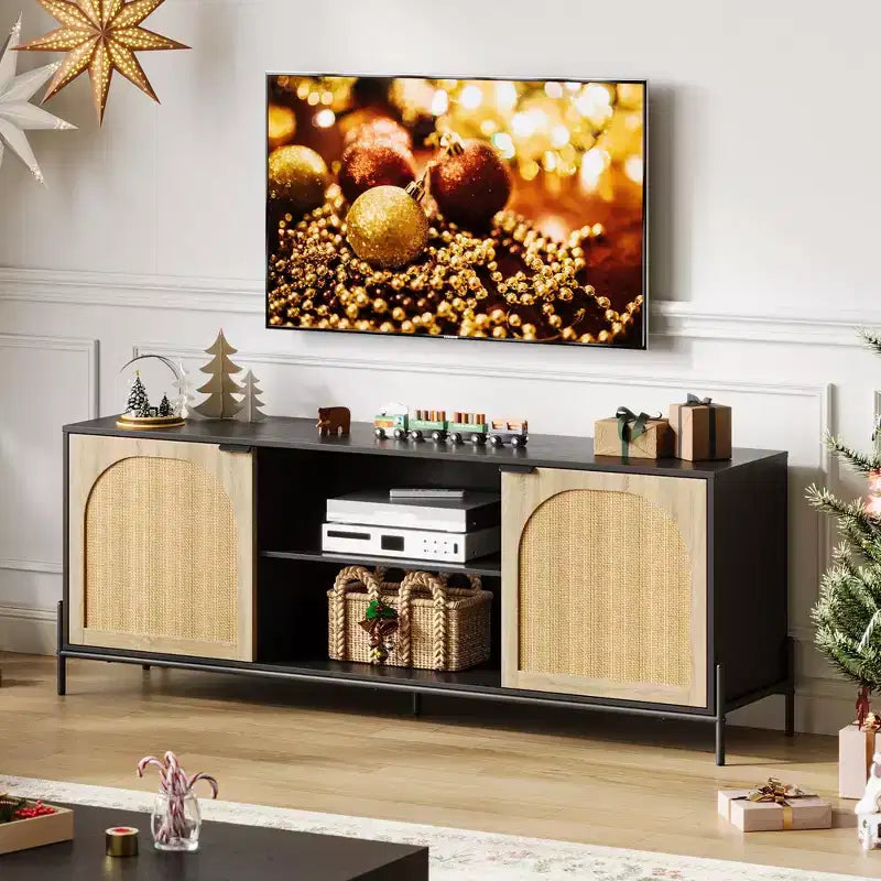 Mobile TV in Rattan Quercia Nera con 2 Armadietti e 2 Ripiani Aperti – Adatto per TV fino a 75"