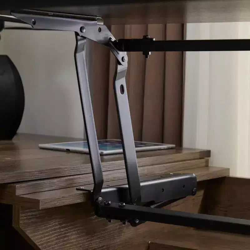 Scrivania ad angolo a L con piano sollevabile, colore marrone venato legno, monoposto, con cassetti e porte di ricarica