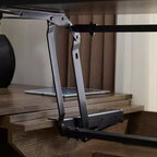 Scrivania ad angolo a L con piano sollevabile, colore marrone venato legno, monoposto, con cassetti e porte di ricarica