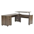 Scrivania ad angolo a L con piano sollevabile, colore marrone venato legno, monoposto, con cassetti e porte di ricarica