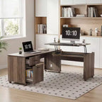 Scrivania ad angolo a L con piano sollevabile, colore marrone venato legno, monoposto, con cassetti e porte di ricarica