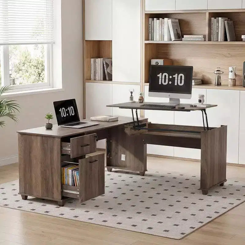 Scrivania ad angolo a L con piano sollevabile, colore marrone venato legno, monoposto, con cassetti e porte di ricarica
