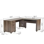 Scrivania ad angolo a L con piano sollevabile, colore marrone venato legno, monoposto, con cassetti e porte di ricarica