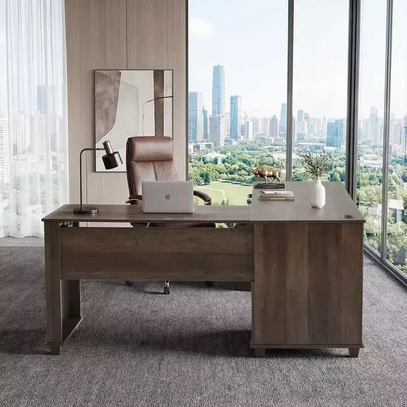 Scrivania ad angolo a L con piano sollevabile, colore marrone venato legno, monoposto, con cassetti e porte di ricarica