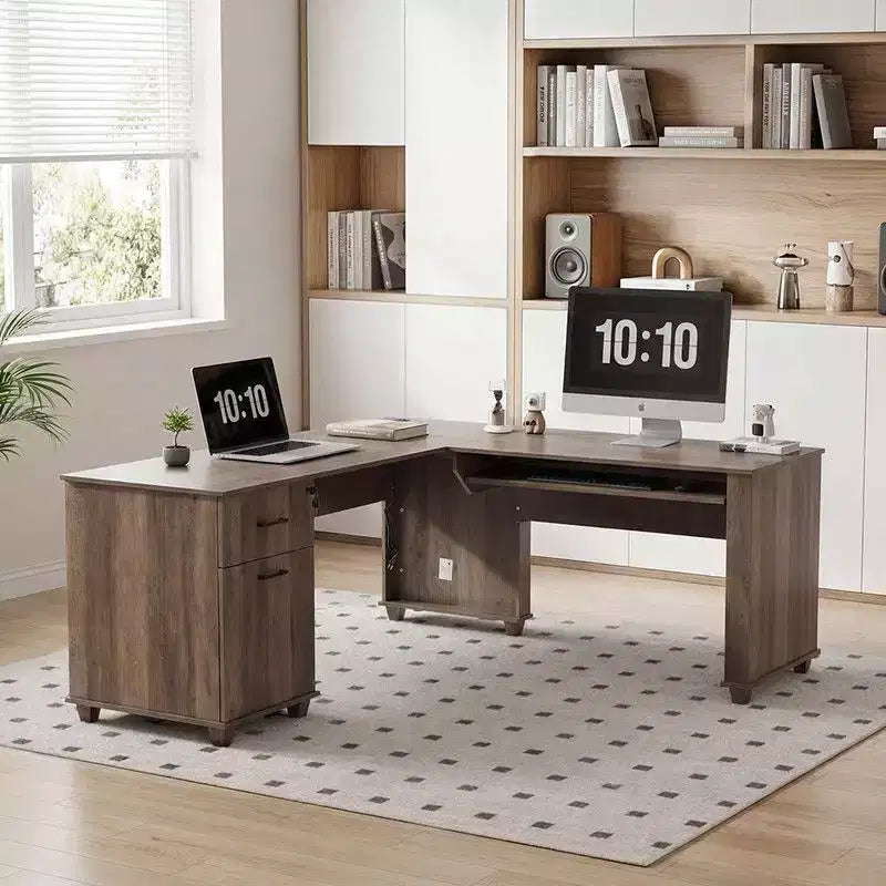 Scrivania ad angolo a L con piano sollevabile, colore marrone venato legno, monoposto, con cassetti e porte di ricarica