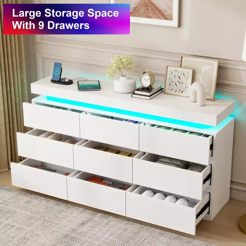 Comò 9 cassetti Bianco/Nero, Stile Moderno Senza Maniglie, Per 1 Persona