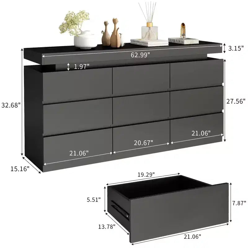 Comò 9 cassetti Bianco/Nero, Stile Moderno Senza Maniglie, Per 1 Persona