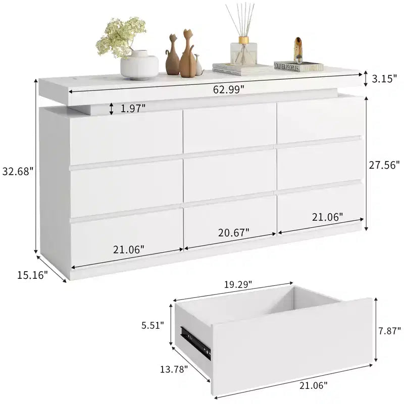 Comò 9 cassetti Bianco/Nero, Stile Moderno Senza Maniglie, Per 1 Persona