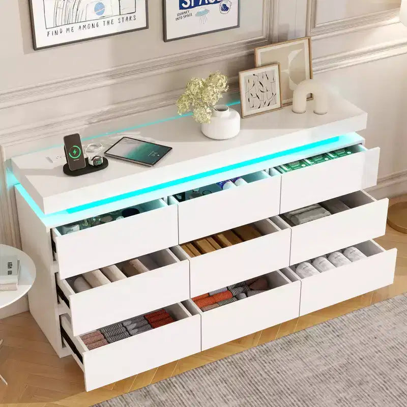 Comò 9 cassetti Bianco/Nero, Stile Moderno Senza Maniglie, Per 1 Persona