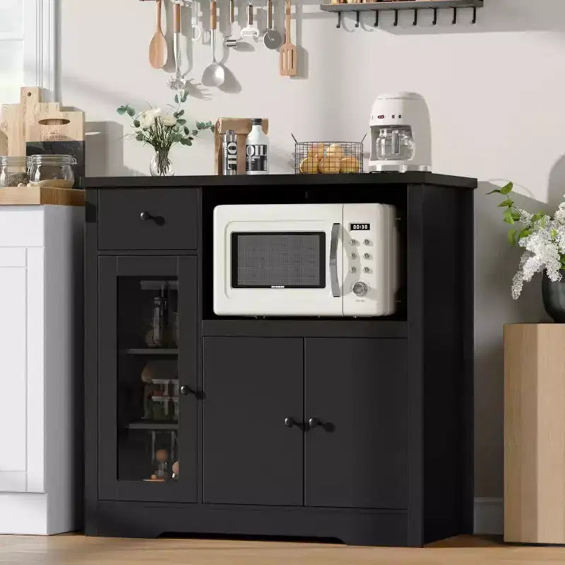 Credenza da cucina moderna con cassetto e doppia anta – Nero / Noce+Bianco / Colore legno – Per 1 utente