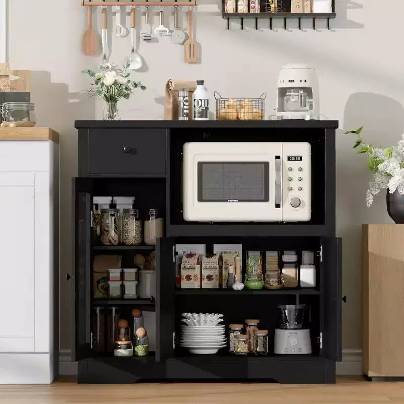 Credenza da cucina moderna con cassetto e doppia anta – Nero / Noce+Bianco / Colore legno – Per 1 utente