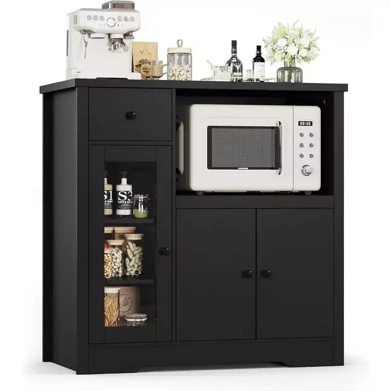 Credenza da cucina moderna con cassetto e doppia anta – Nero / Noce+Bianco / Colore legno – Per 1 utente