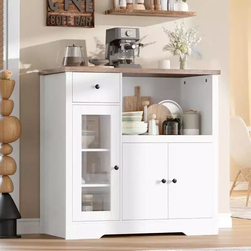Credenza da cucina moderna con cassetto e doppia anta – Nero / Noce+Bianco / Colore legno – Per 1 utente