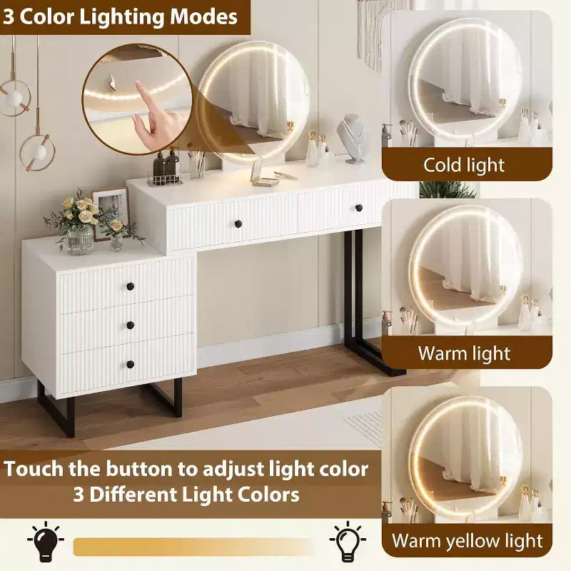 Mobile Nero/Bianco, Scrivania da Trucco con Specchio LED e 5 Cassetti, per 1 Utente