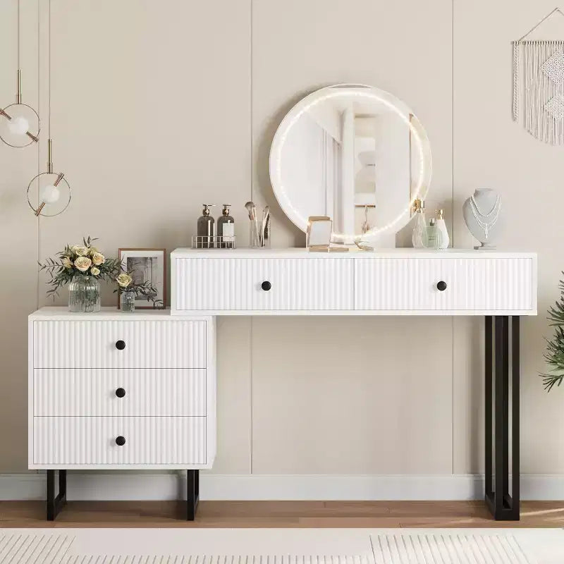 Mobile Nero/Bianco, Scrivania da Trucco con Specchio LED e 5 Cassetti, per 1 Utente