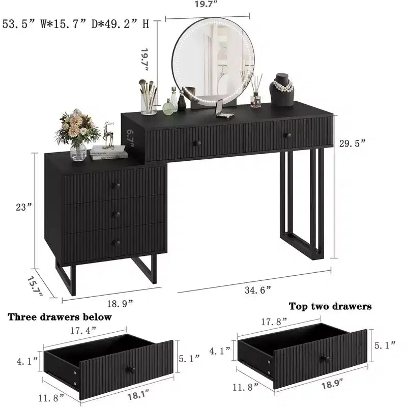Mobile Nero/Bianco, Scrivania da Trucco con Specchio LED e 5 Cassetti, per 1 Utente