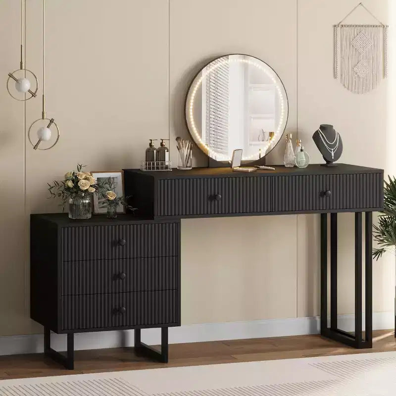 Mobile Nero/Bianco, Scrivania da Trucco con Specchio LED e 5 Cassetti, per 1 Utente