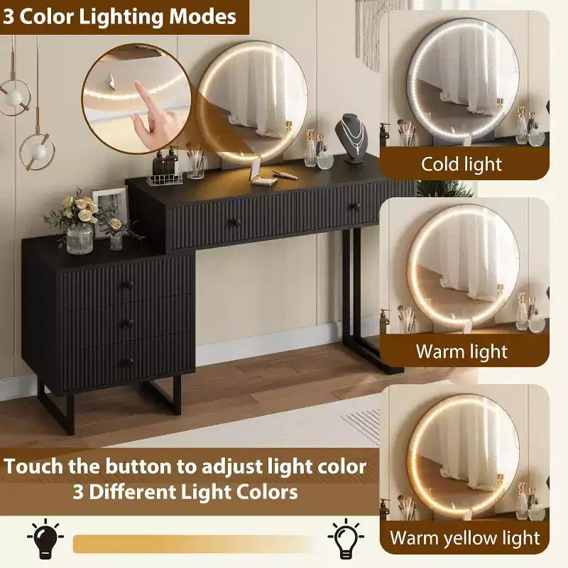 Mobile Nero/Bianco, Scrivania da Trucco con Specchio LED e 5 Cassetti, per 1 Utente