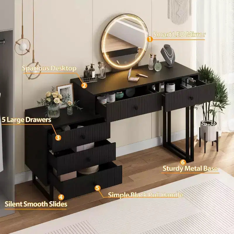 Mobile Nero/Bianco, Scrivania da Trucco con Specchio LED e 5 Cassetti, per 1 Utente