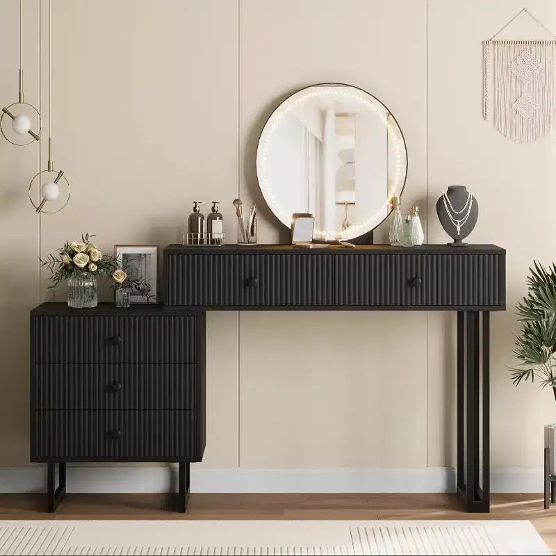 Mobile Nero/Bianco, Scrivania da Trucco con Specchio LED e 5 Cassetti, per 1 Utente