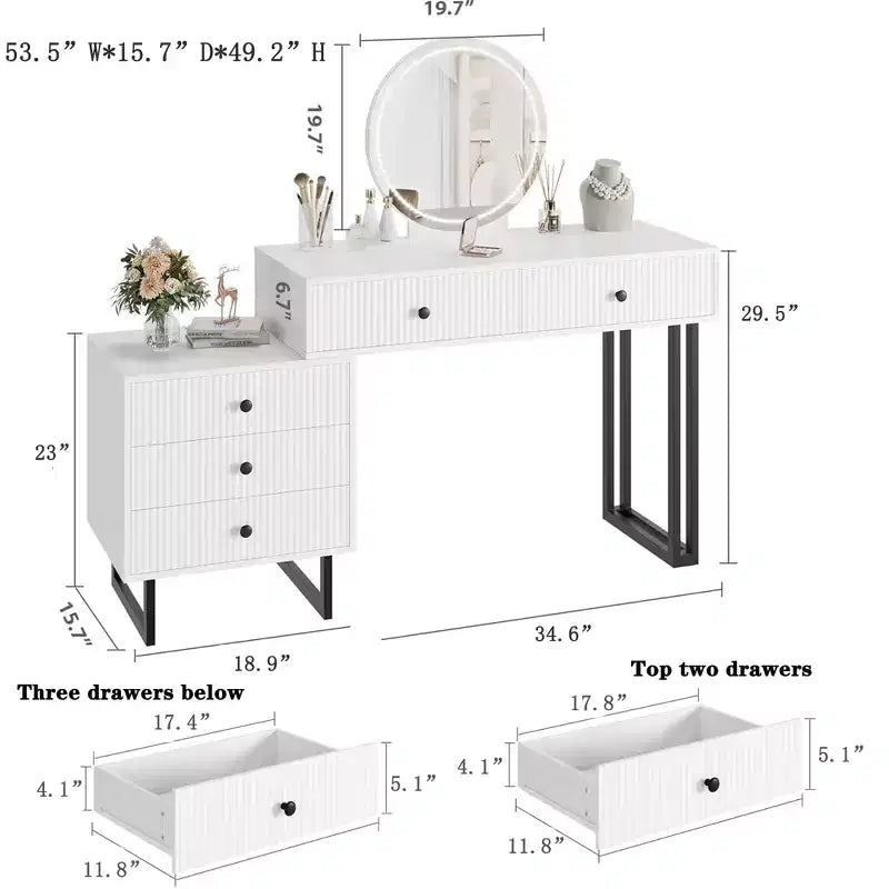 Mobile Nero/Bianco, Scrivania da Trucco con Specchio LED e 5 Cassetti, per 1 Utente