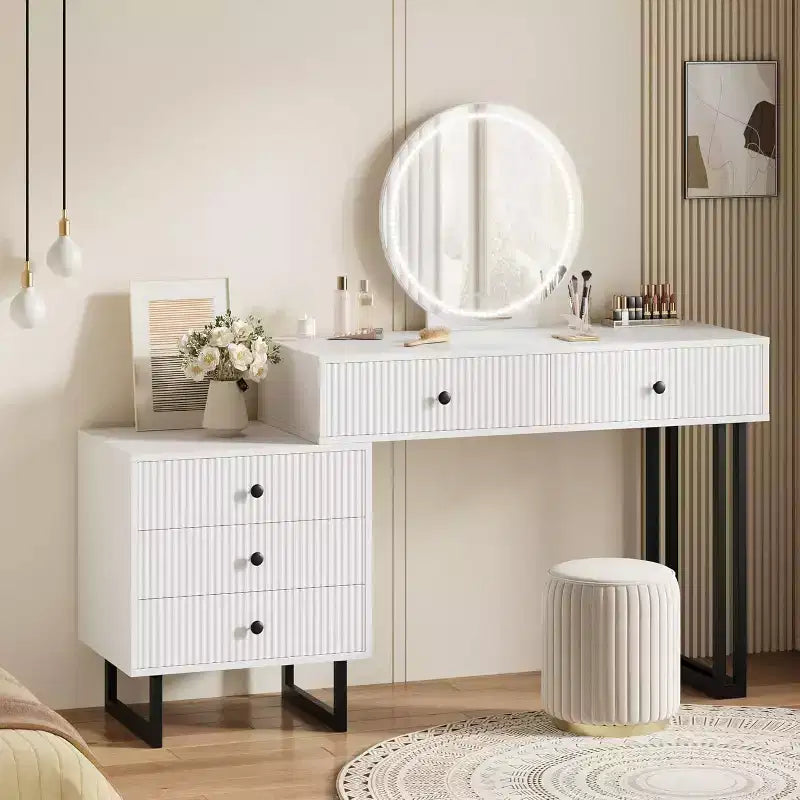 Mobile Nero/Bianco, Scrivania da Trucco con Specchio LED e 5 Cassetti, per 1 Utente