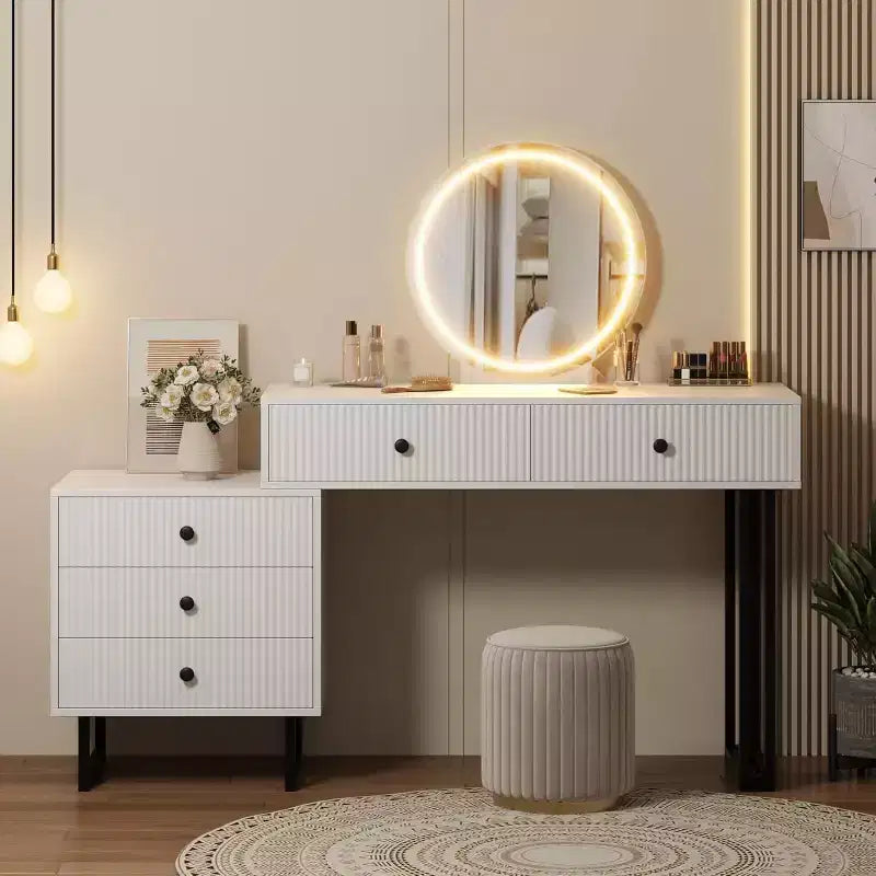 Mobile Nero/Bianco, Scrivania da Trucco con Specchio LED e 5 Cassetti, per 1 Utente