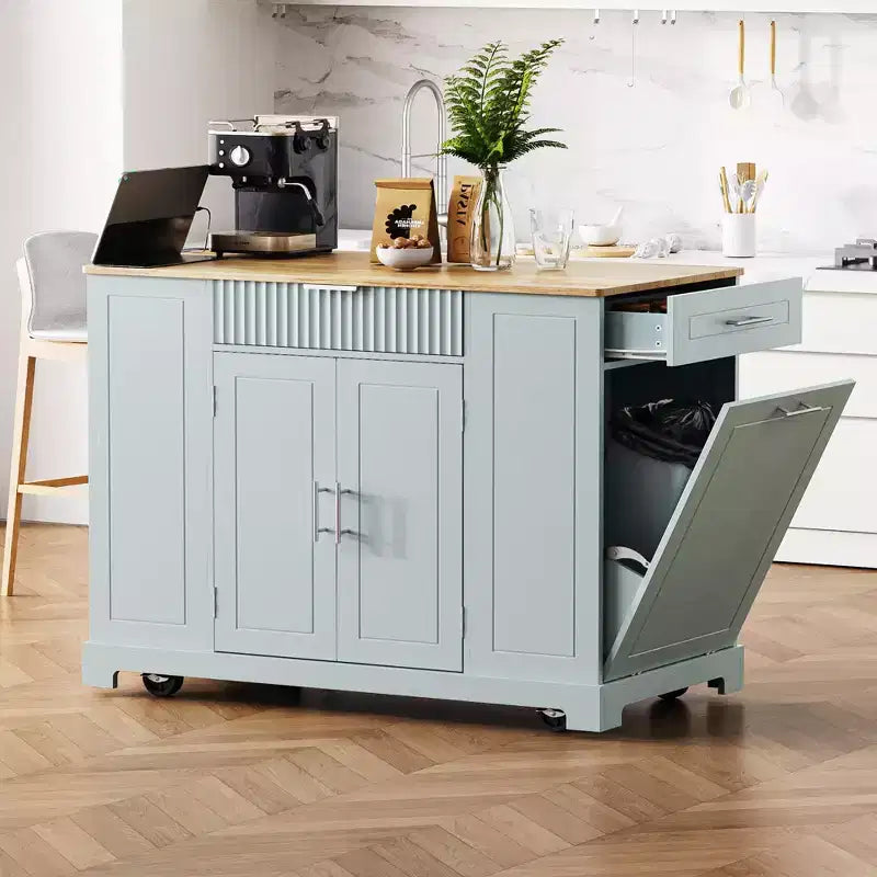 Isola da Cucina Nera / Grigio-Blu / Bianca Scanalata con Mobile Pattumiera e Ruote – 1 Persona