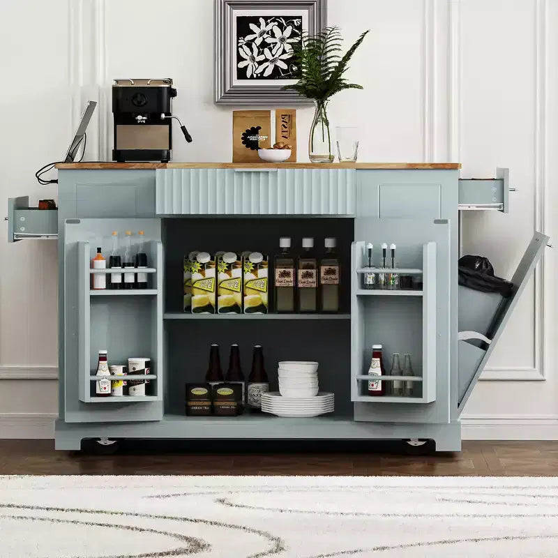 Isola da Cucina Nera / Grigio-Blu / Bianca Scanalata con Mobile Pattumiera e Ruote – 1 Persona