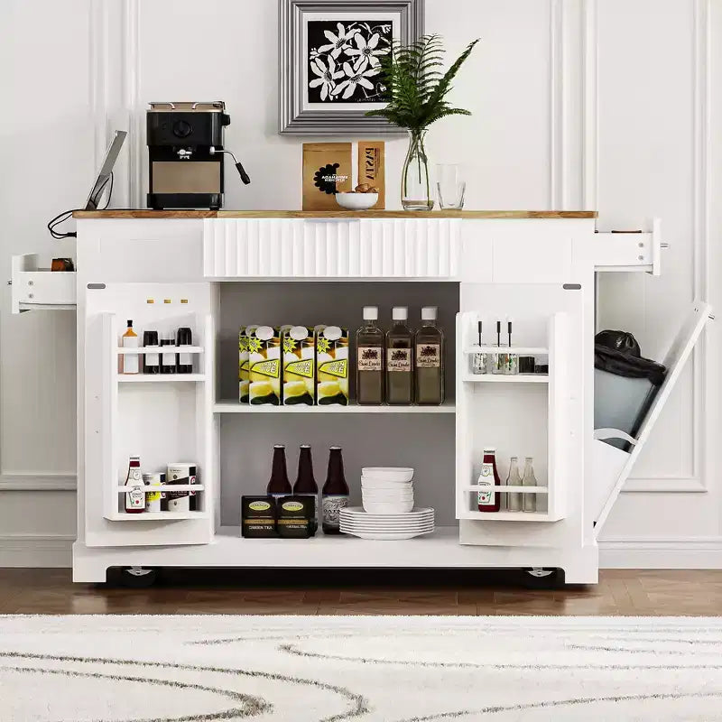 Isola da Cucina Nera / Grigio-Blu / Bianca Scanalata con Mobile Pattumiera e Ruote – 1 Persona