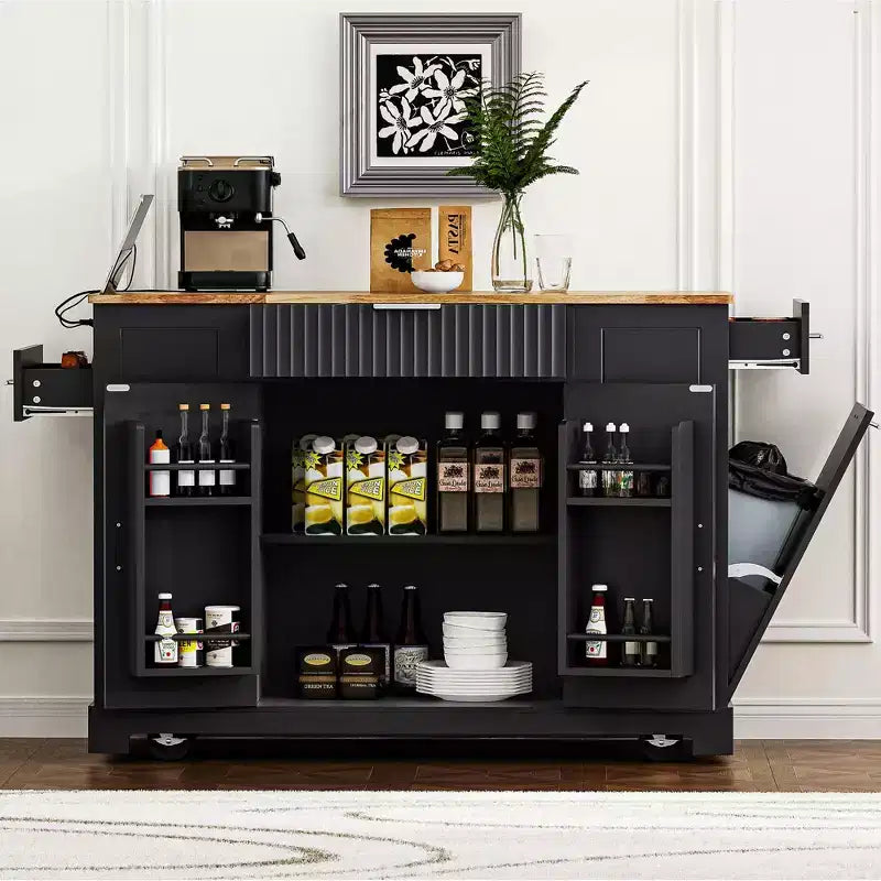 Isola da Cucina Nera / Grigio-Blu / Bianca Scanalata con Mobile Pattumiera e Ruote – 1 Persona