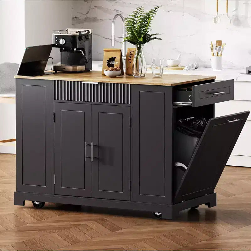Isola da Cucina Nera / Grigio-Blu / Bianca Scanalata con Mobile Pattumiera e Ruote – 1 Persona