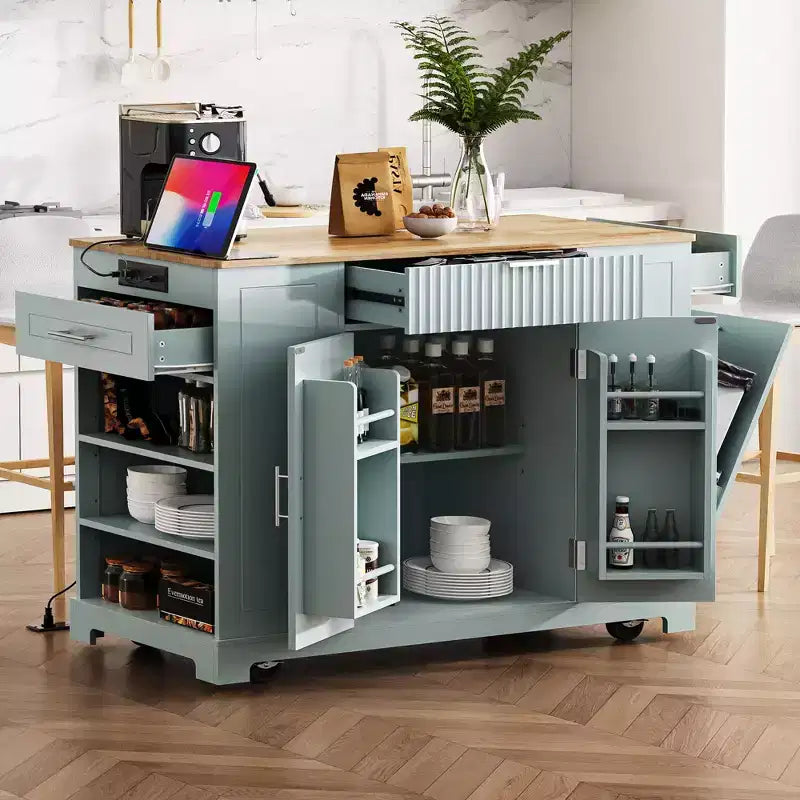 Isola da Cucina Nera / Grigio-Blu / Bianca Scanalata con Mobile Pattumiera e Ruote – 1 Persona