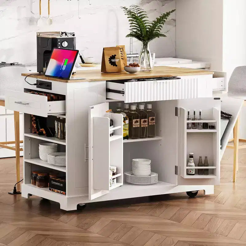 Isola da Cucina Nera / Grigio-Blu / Bianca Scanalata con Mobile Pattumiera e Ruote – 1 Persona