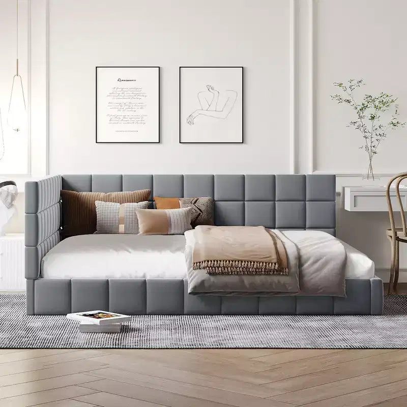 Divano letto in velluto beige/grigio con schienale, matrimoniale, per 1-2 persone