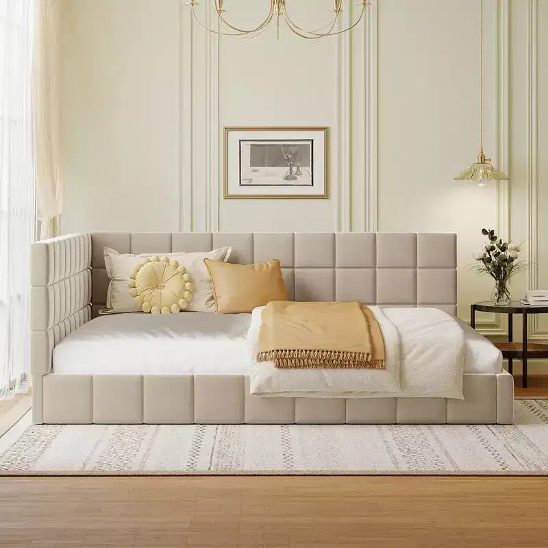 Divano letto in velluto beige/grigio con schienale, matrimoniale, per 1-2 persone